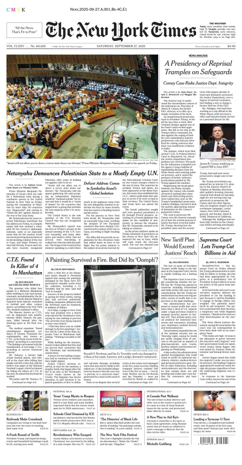 Portada de The New York Times (new York) del sábado, 27 de septiembre de 2025