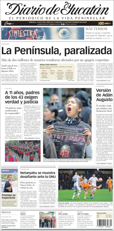 Portada de Diario de Yucatán del sábado, 27 de septiembre de 2025
