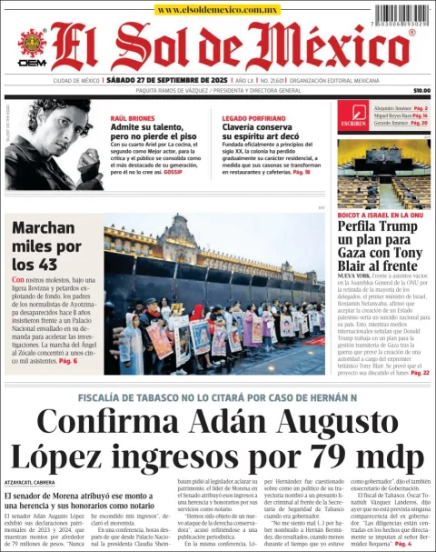 Portada de El Sol de Mexico del sábado, 27 de septiembre de 2025