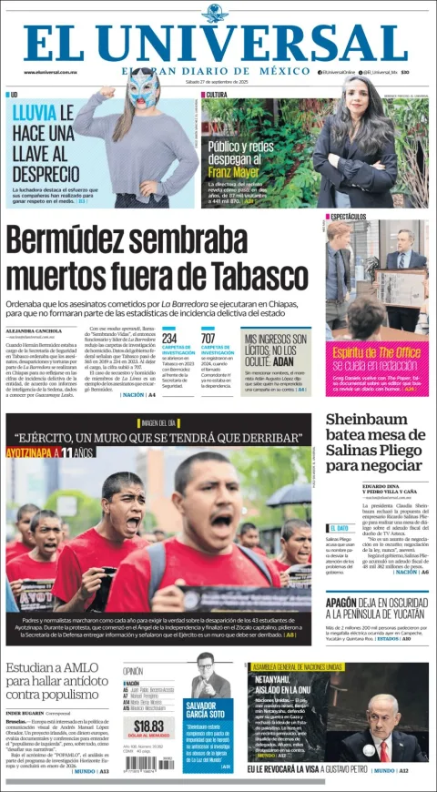 Portada de El Universal del sábado, 27 de septiembre de 2025