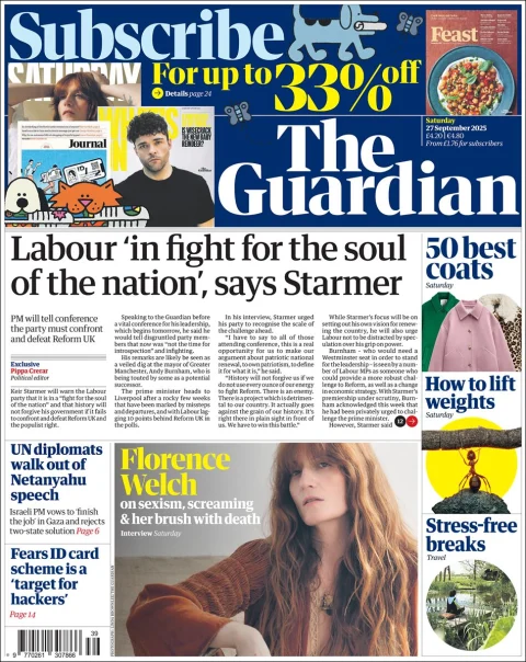 Portada de The Guardian (reino Unido) del sábado, 27 de septiembre de 2025