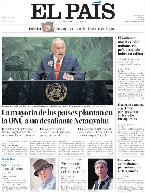 Portada de El Pais del sábado, 27 de septiembre de 2025