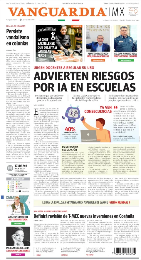 Portada de Vanguardia del sábado, 27 de septiembre de 2025