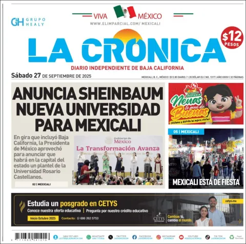 Portada de La Cronica del sábado, 27 de septiembre de 2025