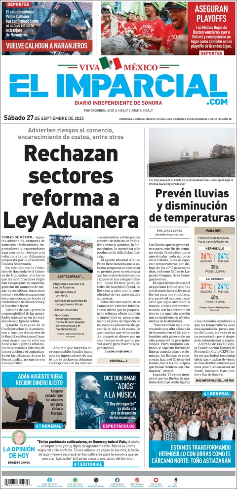 Portada de El Imparcial del sábado, 27 de septiembre de 2025