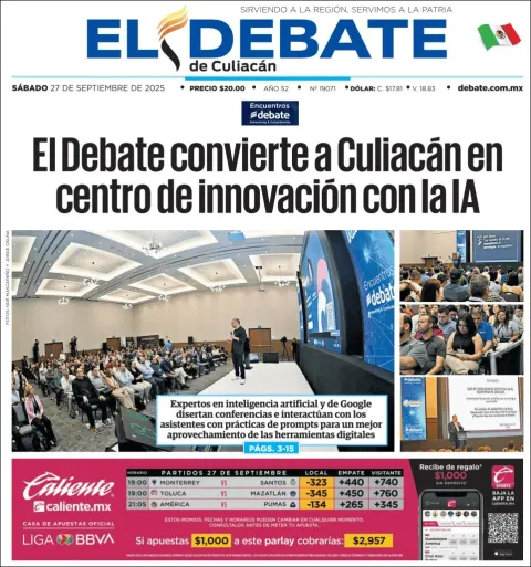 Portada de El Debate de Culiacan del sábado, 27 de septiembre de 2025