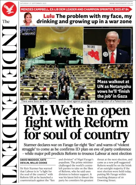 Portada de The Independent del sábado, 27 de septiembre de 2025