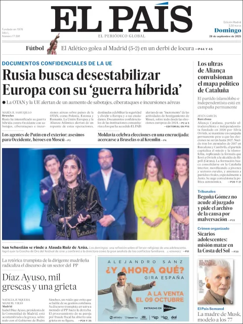 Portada de El Pais del domingo, 28 de septiembre de 2025
