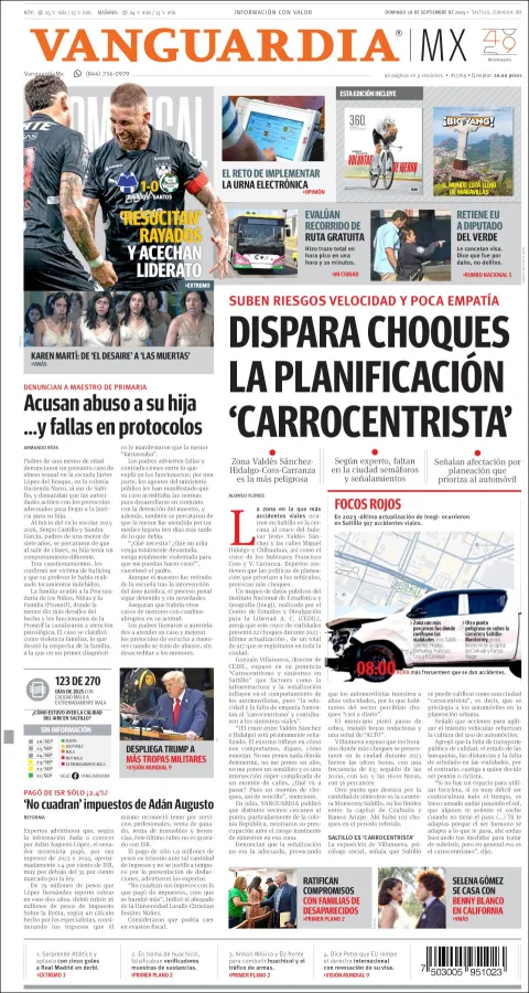 Portada de Vanguardia del domingo, 28 de septiembre de 2025
