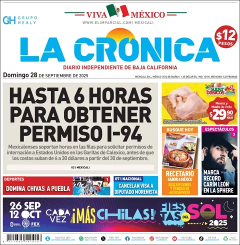 Portada de La Cronica del domingo, 28 de septiembre de 2025