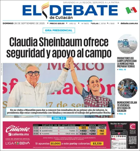 Portada de El Debate de Culiacan del domingo, 28 de septiembre de 2025