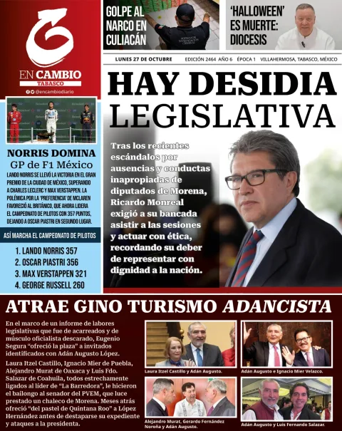 Portada de En Cambio - Tabasco (portada) del lunes, 27 de octubre de 2025