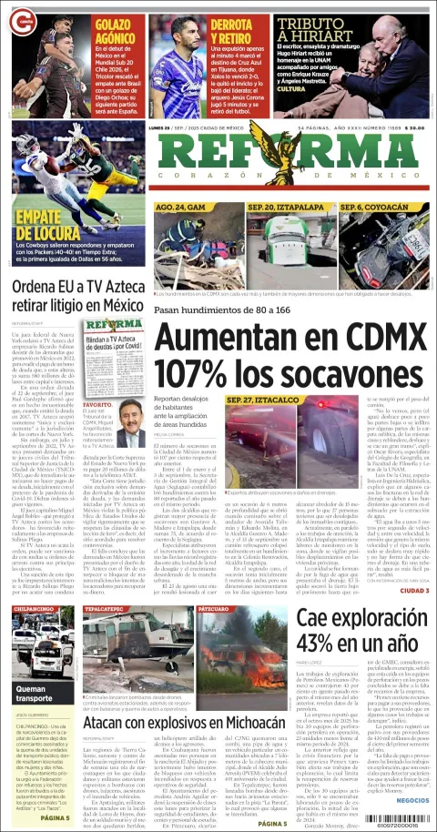 Portada de Reforma del lunes, 29 de septiembre de 2025