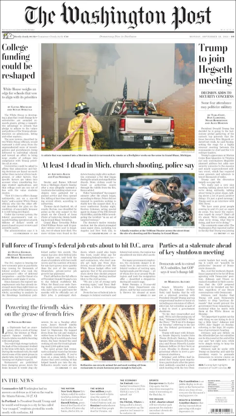 Portada de The Washington Post del lunes, 29 de septiembre de 2025