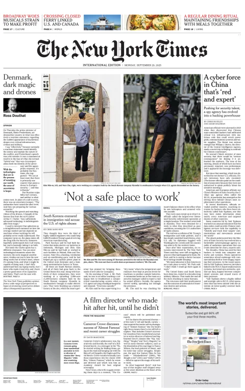 Portada de The New York Times (international) del lunes, 29 de septiembre de 2025