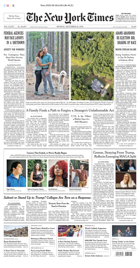 Portada de The New York Times (new York) del lunes, 29 de septiembre de 2025