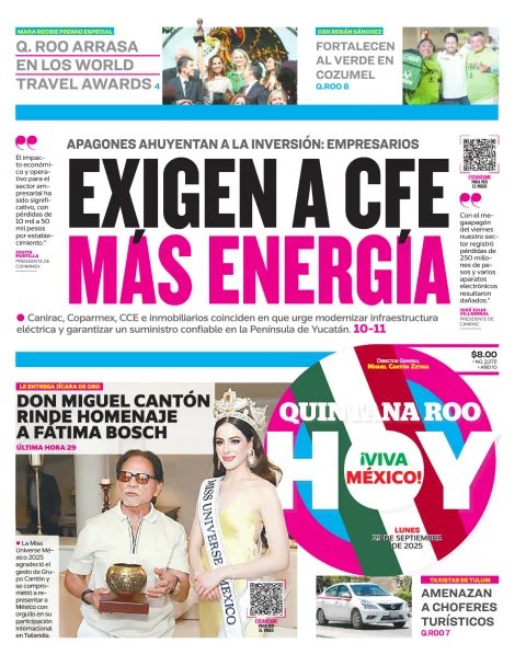 Portada de Quintana Roo Hoy (portada) del lunes, 29 de septiembre de 2025