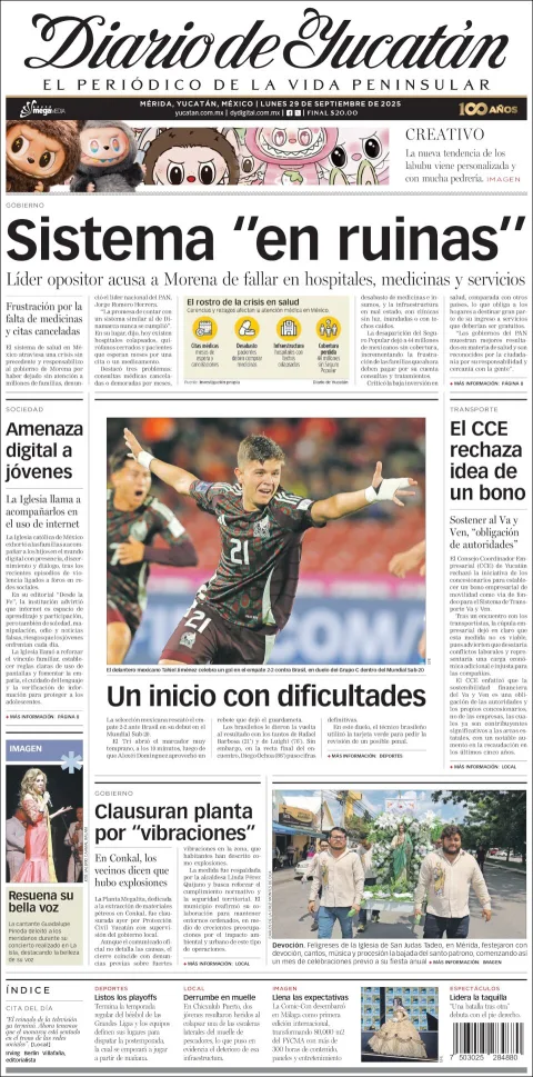 Portada de Diario de Yucatán del lunes, 29 de septiembre de 2025