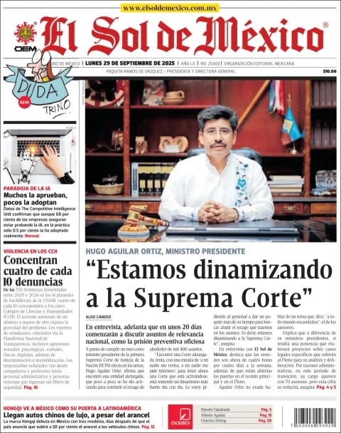 Portada de El Sol de Mexico del lunes, 29 de septiembre de 2025