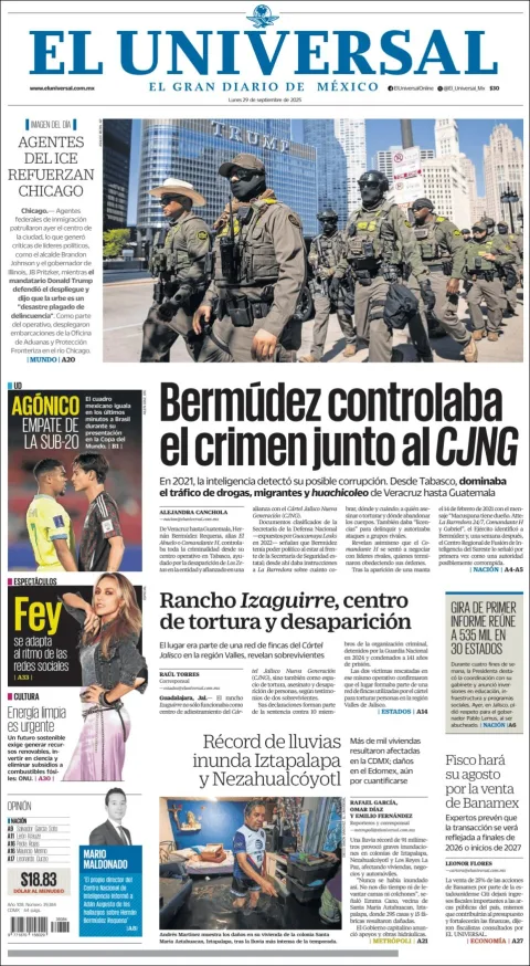 Portada de El Universal del lunes, 29 de septiembre de 2025