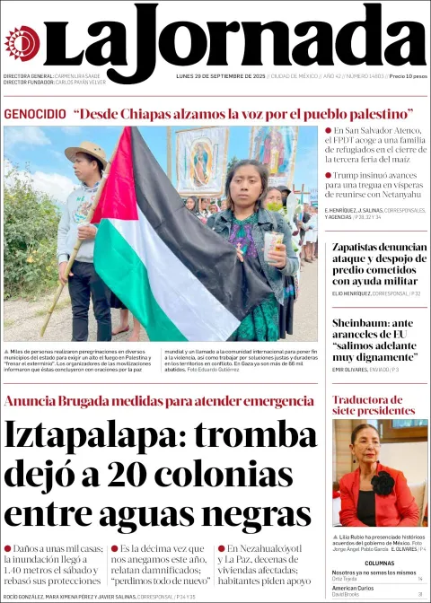 Portada de La Jornada del lunes, 29 de septiembre de 2025