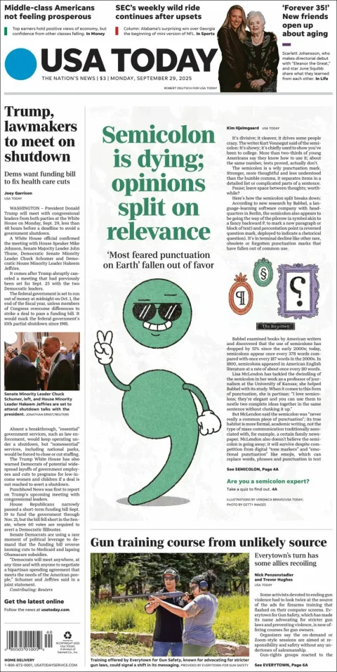 Portada de Usa Today del lunes, 29 de septiembre de 2025