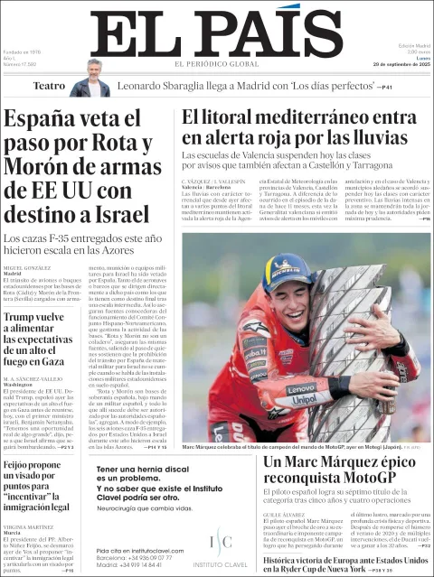 Portada de El Pais del lunes, 29 de septiembre de 2025