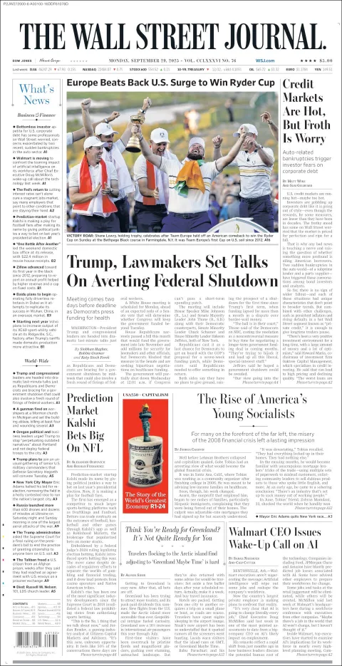 Portada de The Wall Street Journal del lunes, 29 de septiembre de 2025