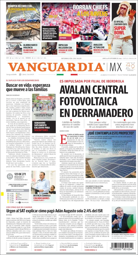 Portada de Vanguardia del lunes, 29 de septiembre de 2025