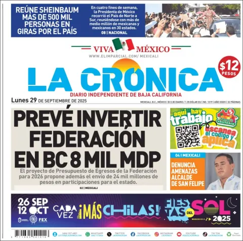 Portada de La Cronica del lunes, 29 de septiembre de 2025