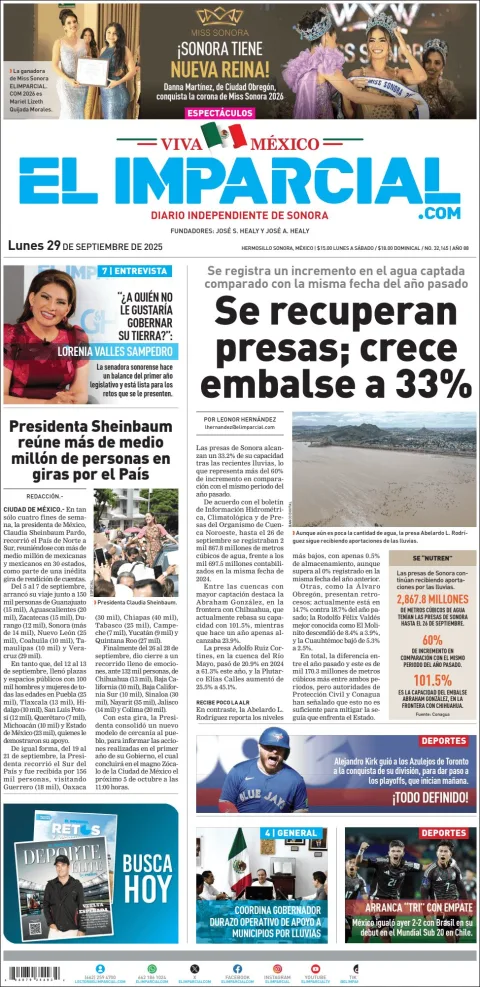 Portada de El Imparcial del lunes, 29 de septiembre de 2025