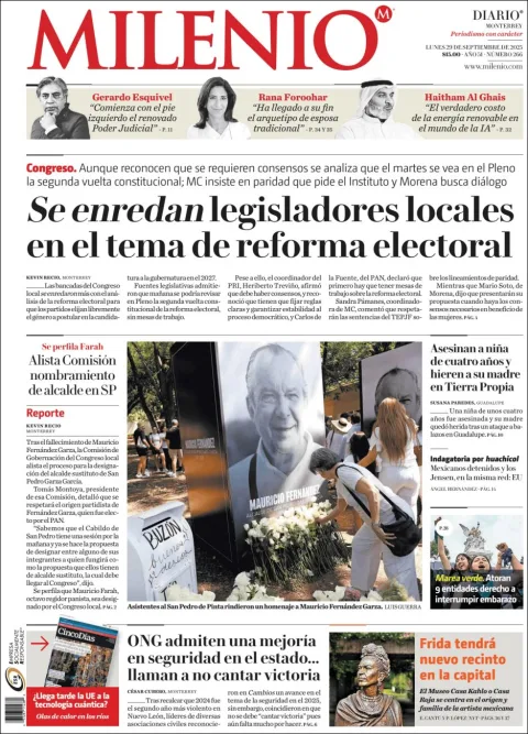 Portada de Milenio del lunes, 29 de septiembre de 2025