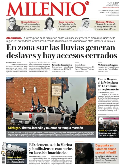 Portada de Milenio Edo de Mexico del lunes, 29 de septiembre de 2025