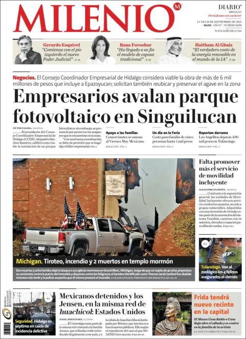 Portada de Milenio Hidalgo del lunes, 29 de septiembre de 2025