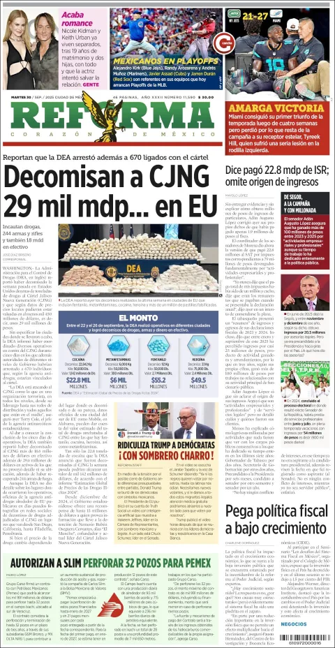 Portada de Reforma del martes, 30 de septiembre de 2025