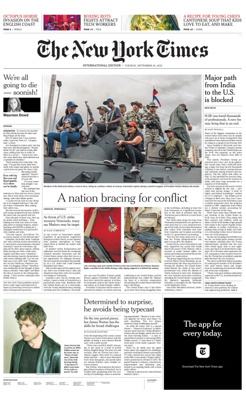 Portada de The New York Times (international) del martes, 30 de septiembre de 2025
