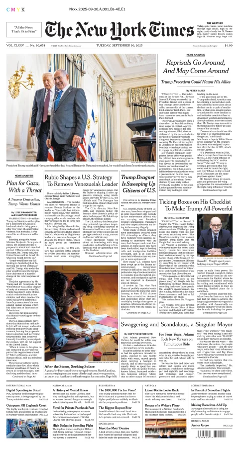 Portada de The New York Times (new York) del martes, 30 de septiembre de 2025