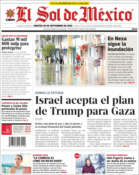 Portada de El Sol de Mexico del martes, 30 de septiembre de 2025