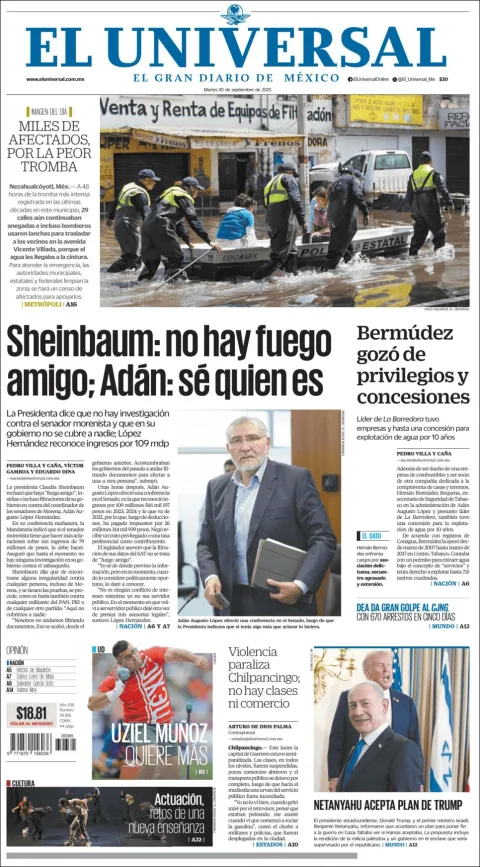 Portada de El Universal del martes, 30 de septiembre de 2025