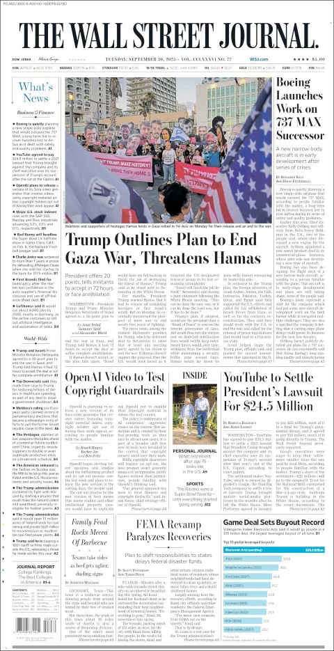 Portada de The Wall Street Journal del martes, 30 de septiembre de 2025
