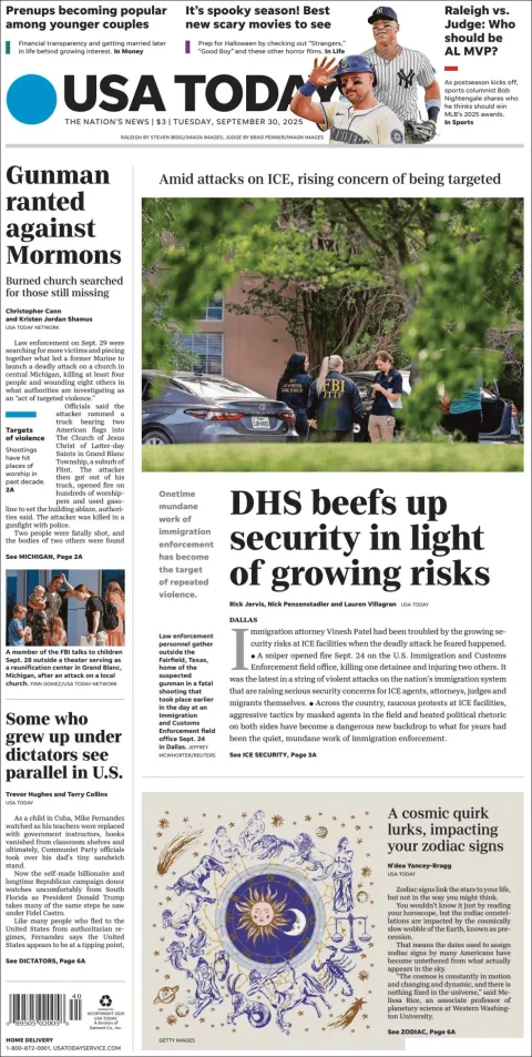 Portada de Usa Today del martes, 30 de septiembre de 2025