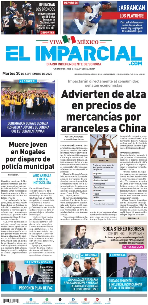 Portada de El Imparcial del martes, 30 de septiembre de 2025