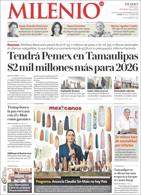 Portada de Milenio Tamaulipas del martes, 30 de septiembre de 2025