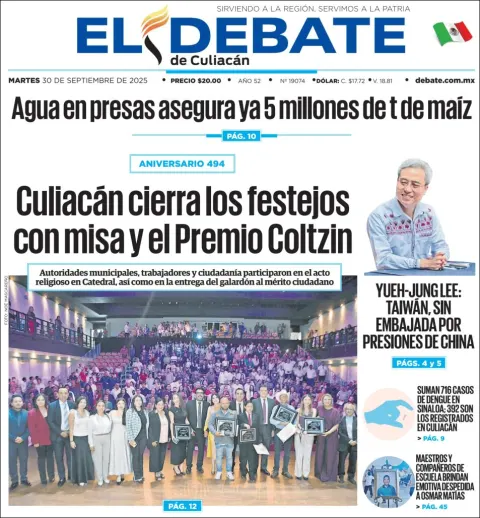 Portada de El Debate de Culiacan del martes, 30 de septiembre de 2025