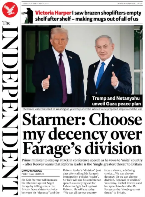 Portada de The Independent del martes, 30 de septiembre de 2025
