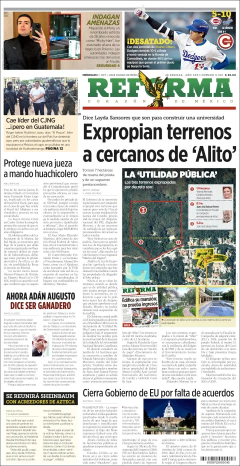 Portada de Reforma del miércoles, 1 de octubre de 2025