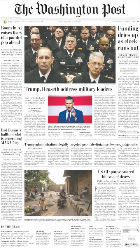 Portada de The Washington Post del miércoles, 1 de octubre de 2025