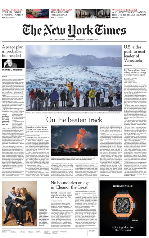 Portada de The New York Times (international) del miércoles, 1 de octubre de 2025