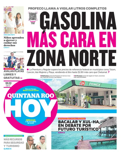 Portada de Quintana Roo Hoy (portada) del miércoles, 1 de octubre de 2025