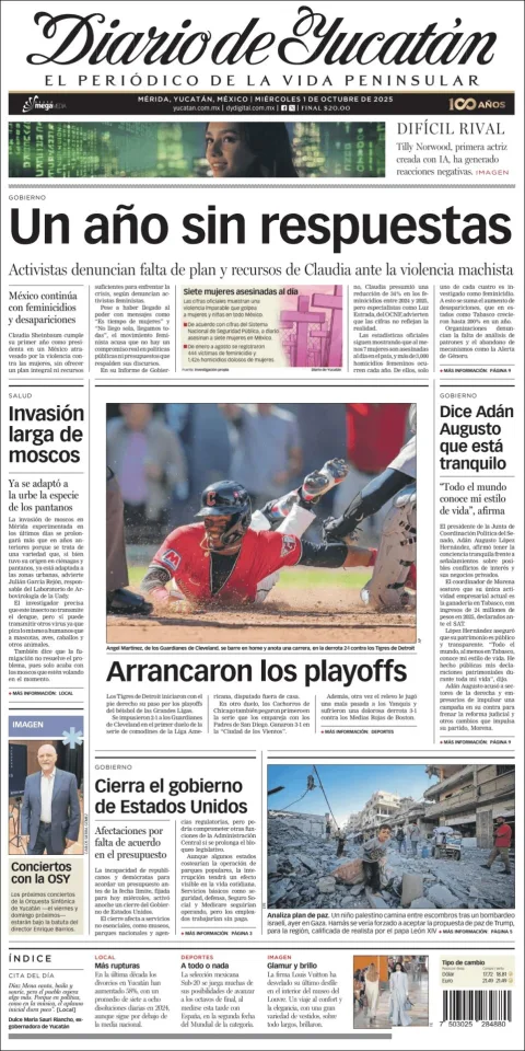 Portada de Diario de Yucatán del miércoles, 1 de octubre de 2025